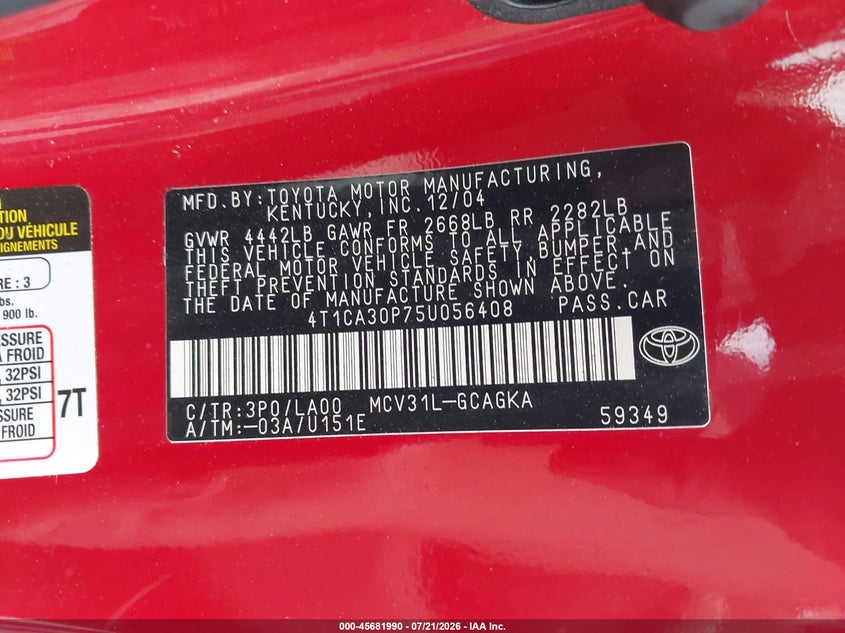 2005 Toyota Camry Solara Sle V6 VIN: 4T1CA30P75U056408 Lot: 45681990