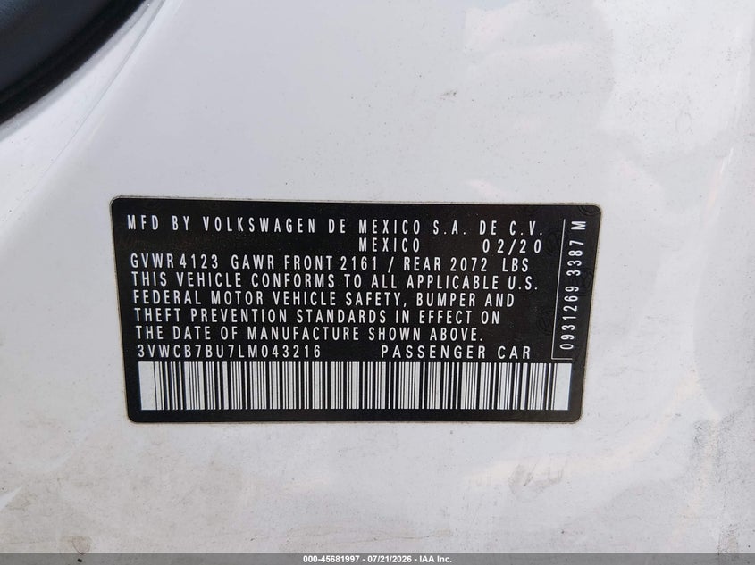 2020 Volkswagen Jetta 1.4T R-Line/1.4T S/1.4T Se VIN: 3VWCB7BU7LM043216 Lot: 45681997