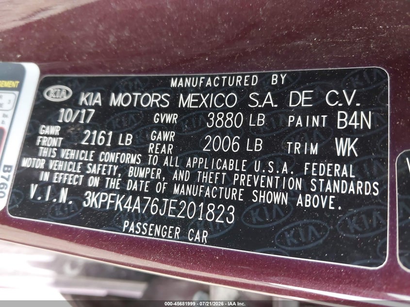 2018 Kia Forte Lx VIN: 3KPFK4A76JE201823 Lot: 45681999