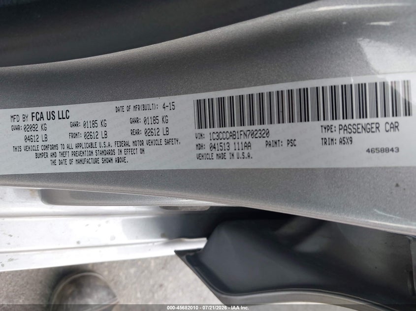 2015 Chrysler 200 Limited VIN: 1C3CCCAB1FN702320 Lot: 45682010