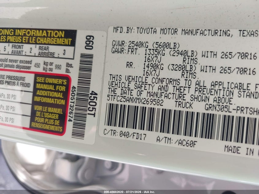 2021 Toyota Tacoma Trd Off-Road VIN: 5TFCZ5ANXMX269582 Lot: 45682020