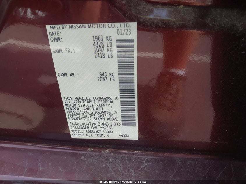 2023 Nissan Altima Sv Fwd VIN: 1N4BL4DV7PN346580 Lot: 45682027