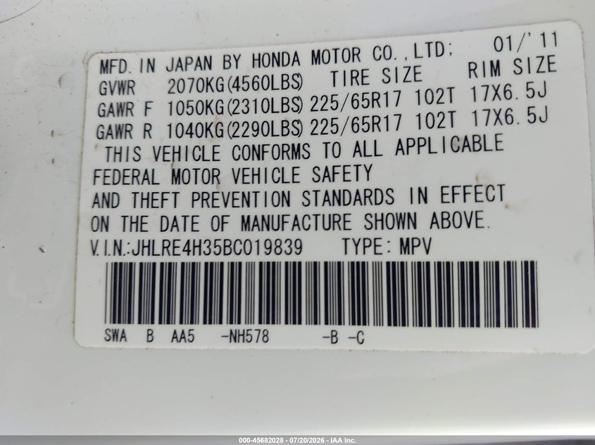 2011 Honda Cr-V Lx VIN: JHLRE4H35BC019839 Lot: 45682028