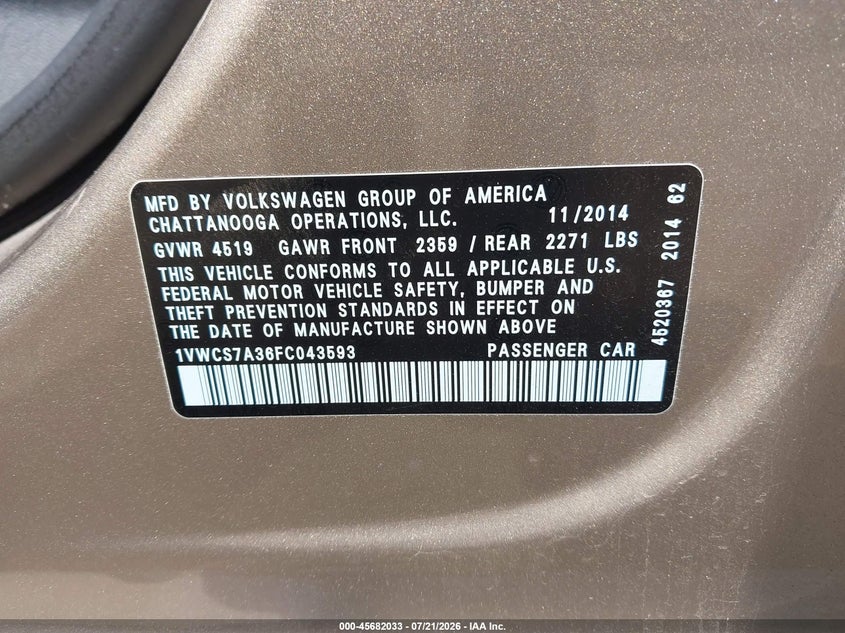 2015 Volkswagen Passat 1.8T Sel Premium VIN: 1VWCS7A36FC043593 Lot: 45682033