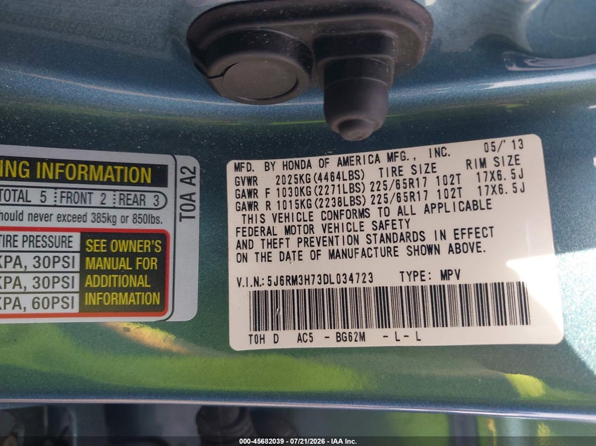 HONDA CR-V 2013 VIN 5J6RM3H73DL034723