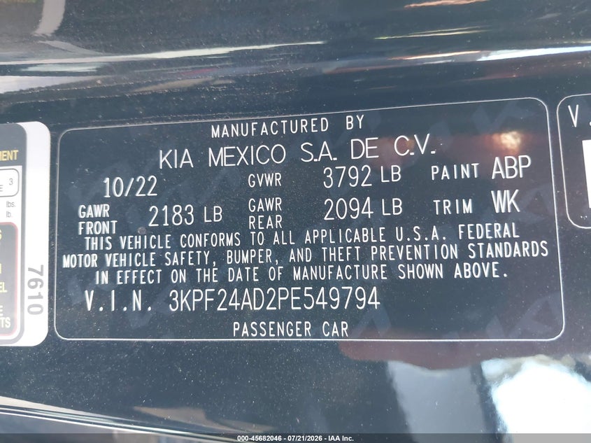 2023 Kia Forte Lxs VIN: 3KPF24AD2PE549794 Lot: 45682046