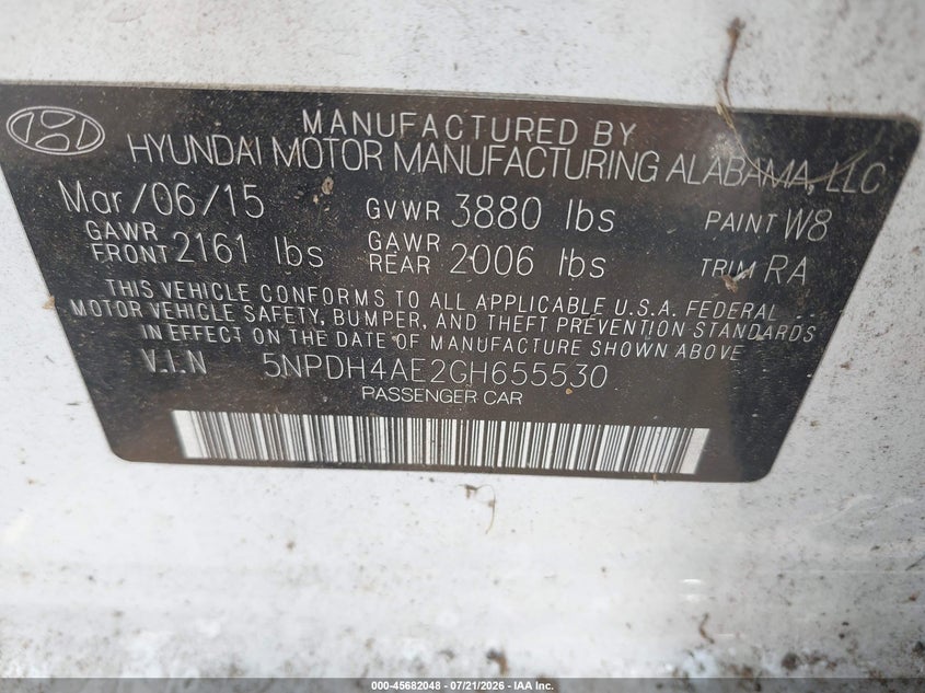 2016 Hyundai Elantra Limited VIN: 5NPDH4AE2GH655530 Lot: 45682048