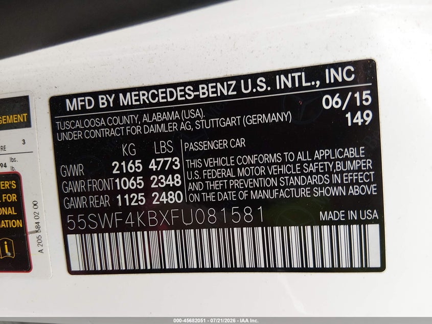 2015 Mercedes-Benz C 300 4Matic VIN: 55SWF4KBXFU081581 Lot: 45682051