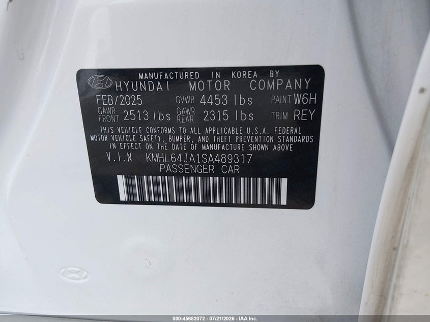 2025 Hyundai Sonata Sel VIN: KMHL64JA1SA489317 Lot: 45682072