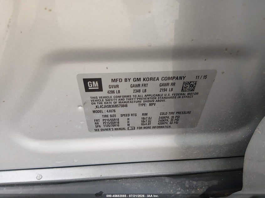 2016 Buick Encore VIN: KL4CJASB3GB575846 Lot: 45682085