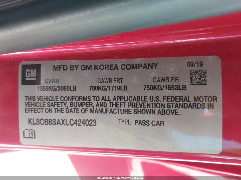 2020 Chevrolet Spark Fwd Ls Automatic VIN: KL8CB6SAXLC424023 Lot: 45682087