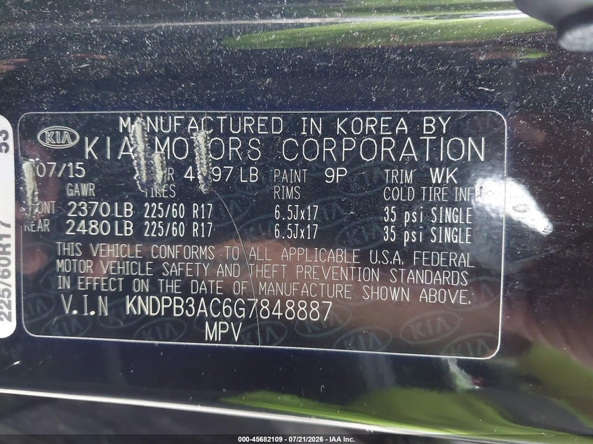 2016 Kia Sportage Lx VIN: KNDPB3AC6G7848887 Lot: 45682109