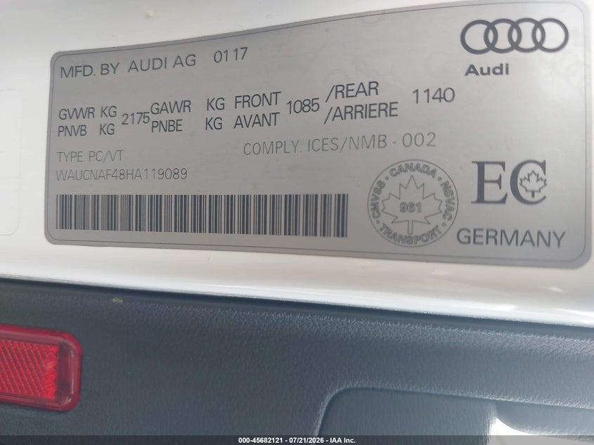 2017 Audi A4 2.0T Technik VIN: WAUCNAF48HA119089 Lot: 45682121