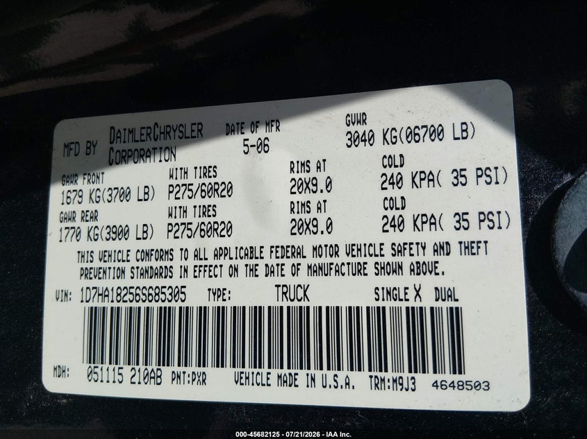 2006 Dodge Ram 1500 Slt VIN: 1D7HA18256S685305 Lot: 45682125