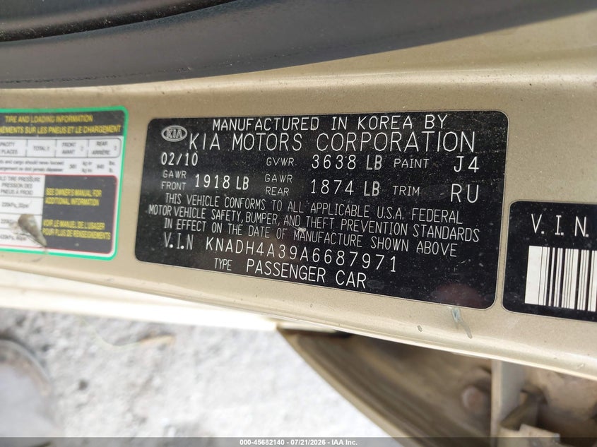 2010 Kia Rio Lx VIN: KNADH4A39A6687971 Lot: 45682140