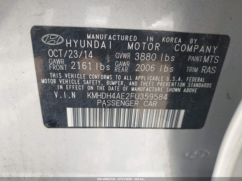 2015 Hyundai Elantra Se VIN: KMHDH4AE2FU359584 Lot: 45682143