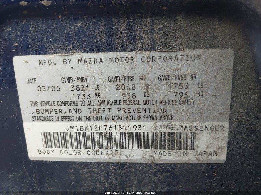 2006 Mazda Mazda3 I VIN: JM1BK12F761511931 Lot: 45682148