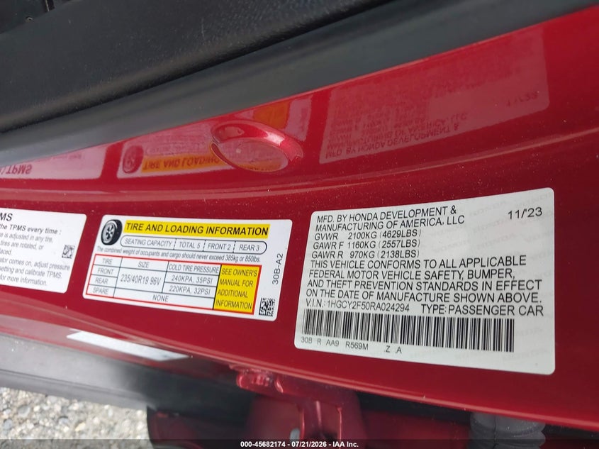 2024 Honda Accord Hybrid Sport VIN: 1HGCY2F50RA024294 Lot: 45682174