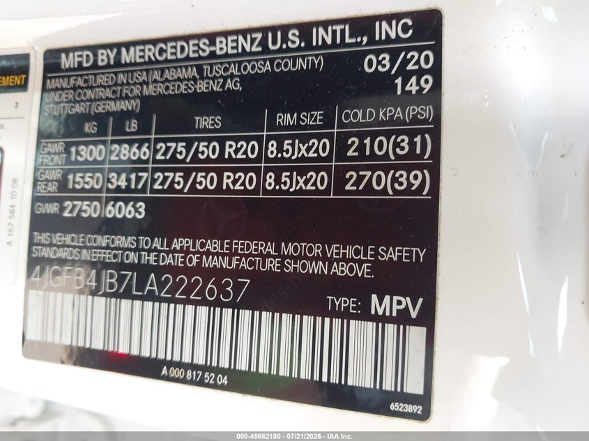 2020 Mercedes-Benz Gle 350 VIN: 4JGFB4JB7LA222637 Lot: 45682180