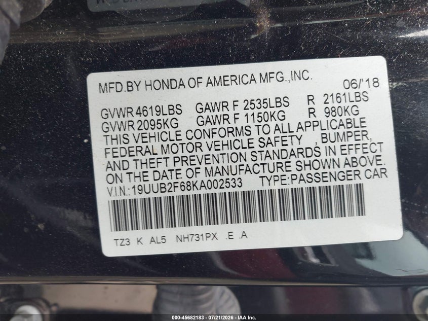 2019 Acura Tlx Tech A-Spec Pkgs VIN: 19UUB2F68KA002533 Lot: 45682183