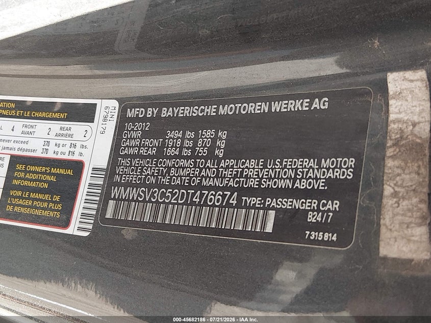 2013 Mini Hardtop Cooper S VIN: WMWSV3C52DT476674 Lot: 45682186