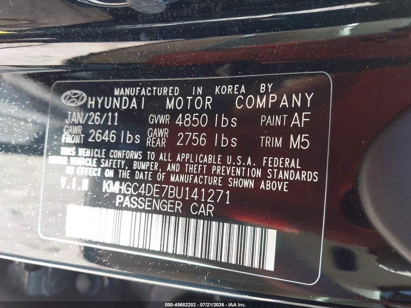 2011 Hyundai Genesis 3.8 VIN: KMHGC4DE7BU141271 Lot: 45682202