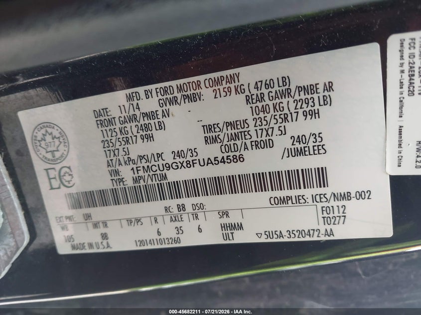 2015 Ford Escape Se VIN: 1FMCU9GX8FUA54586 Lot: 45682211
