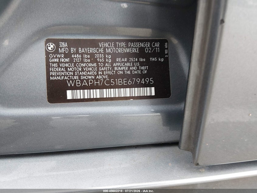 2011 BMW 328I VIN: WBAPH7C51BE679495 Lot: 45682218