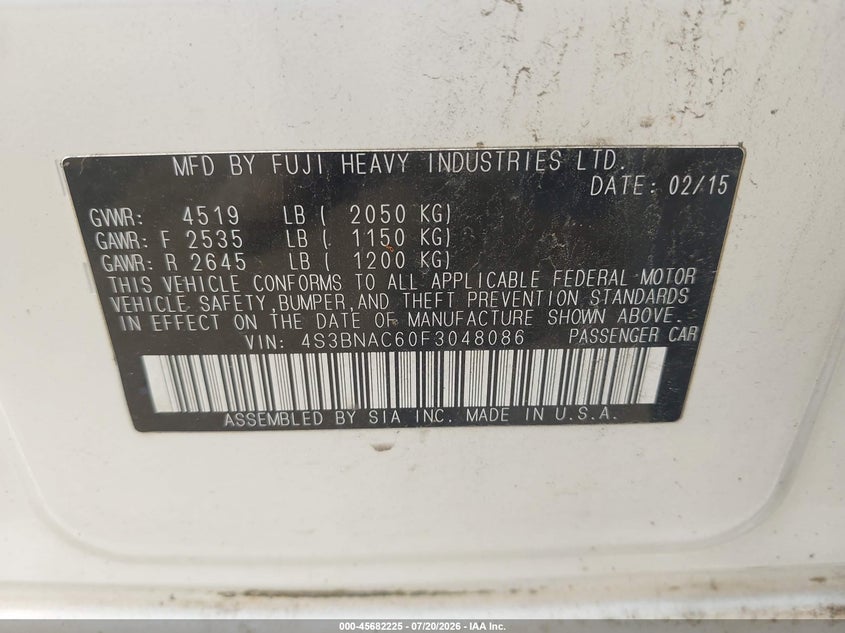 2015 SUBARU LEGACY SEDAN 2.5L H-4 DOHC, VVT, 175HP