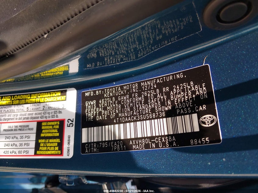 2025 Toyota Camry Se VIN: 4T1DAACK3SU568736 Lot: 45682230