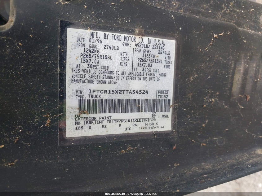 1996 Ford Ranger Super Cab VIN: 1FTCR15X2TTA34524 Lot: 45682249