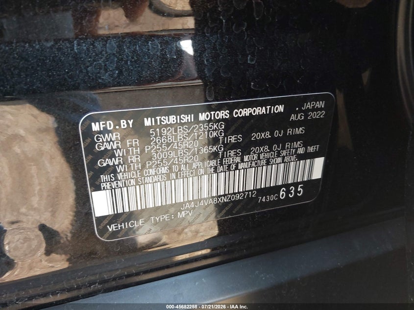 2022 Mitsubishi Outlander Sel 2.5 S-Awc/Sel Launch Edition S-Awc/Sel Special Edition S-Awc VIN: JA4J4VA8XNZ092712 Lot: 45682258