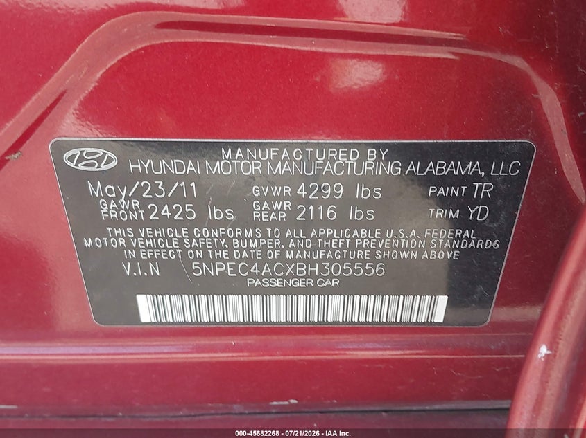 2011 Hyundai Sonata Limited VIN: 5NPEC4ACXBH305556 Lot: 45682268