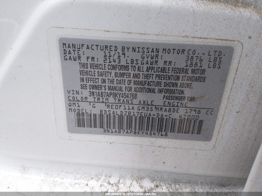 2019 Nissan Sentra Sv VIN: 3N1AB7AP8KY454768 Lot: 45682270