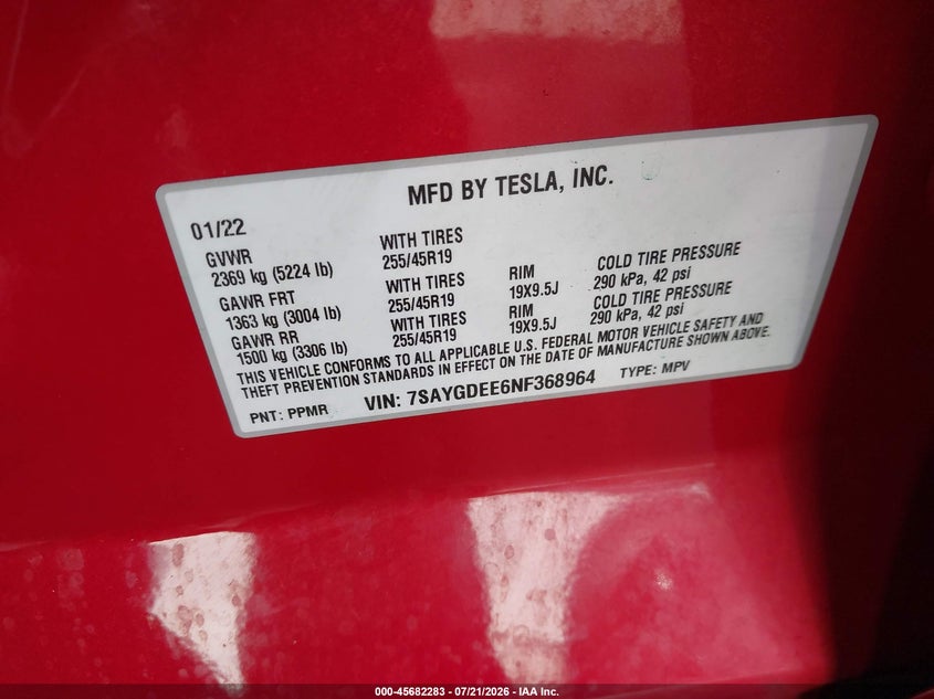 2022 Tesla Model Y Long Range Dual Motor All-Wheel Drive VIN: 7SAYGDEE6NF368964 Lot: 45682283