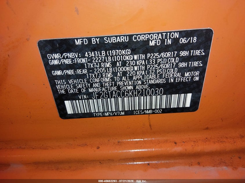 2019 Subaru Crosstrek 2.0I Premium VIN: JF2GTACC6KH210030 Lot: 45682293