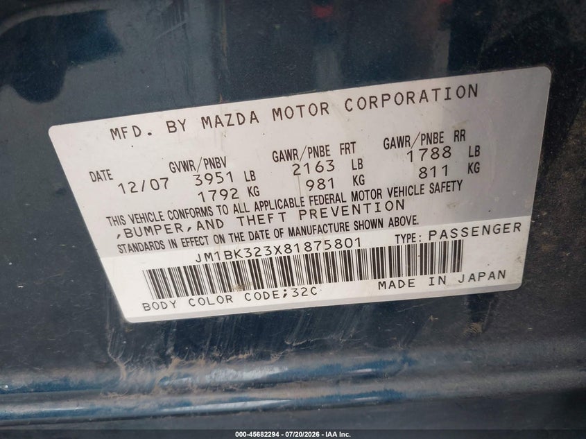 2008 Mazda Mazda3 S Sport VIN: JM1BK323X81875801 Lot: 45682294