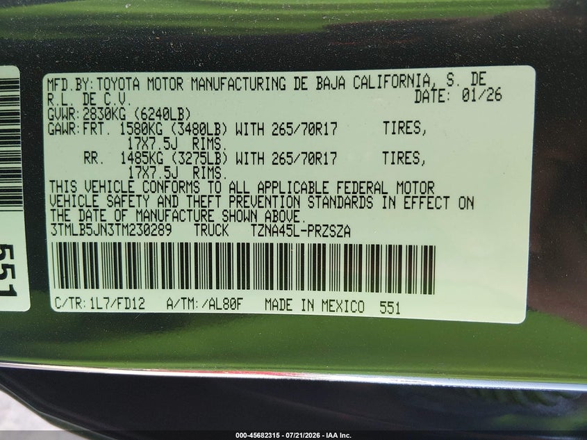 2026 Toyota Tacoma Trd Off Road VIN: 3TMLB5JN3TM230289 Lot: 45682315