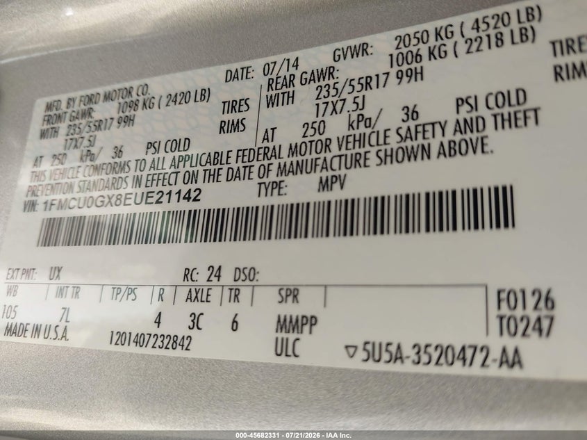 2014 Ford Escape Se VIN: 1FMCU0GX8EUE21142 Lot: 45682331