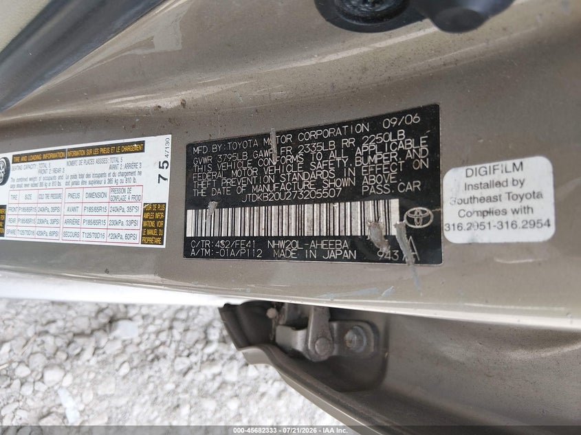2007 Toyota Prius VIN: JTDKB20U273205507 Lot: 45682333