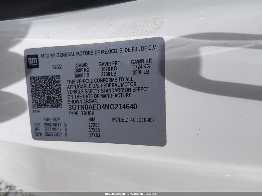 2022 GMC Sierra 1500 Limited 2Wd Long Box Pro VIN: 3GTN8AED4NG214640 Lot: 45682369