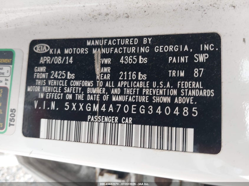 2014 KIA OPTIMA SEDAN 2.4L I-4 DI, DOHC, VVT, 192HP
