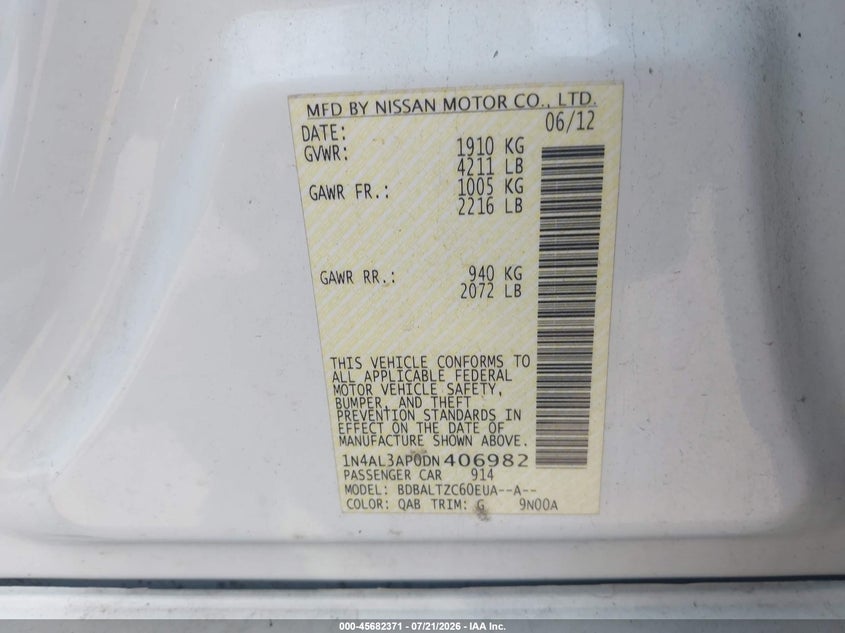 2013 Nissan Altima 2.5 Sv VIN: 1N4AL3AP0DN406982 Lot: 45682371