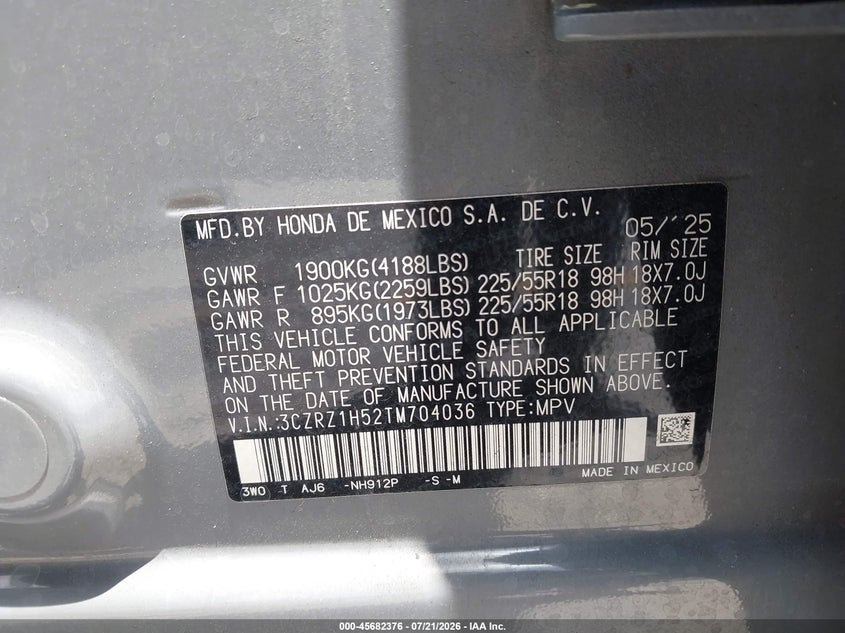 2026 Honda Hr-V 2Wd Sport VIN: 3CZRZ1H52TM704036 Lot: 45682376