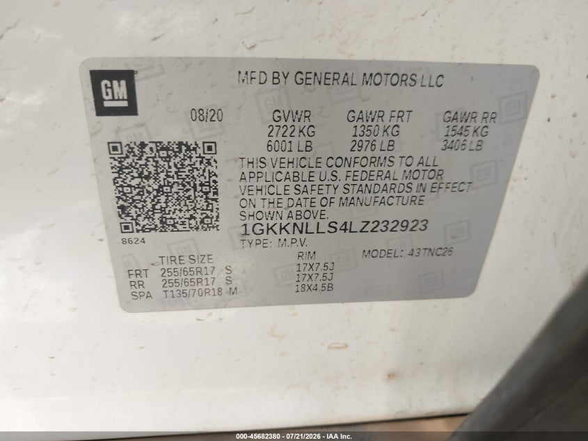 2020 GMC Acadia Awd At4 VIN: 1GKKNLLS4LZ232923 Lot: 45682380