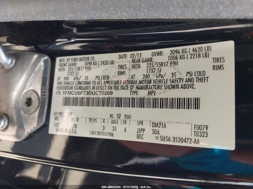 2013 Ford Escape S VIN: 1FMCU0F73DUC70209 Lot: 45682384
