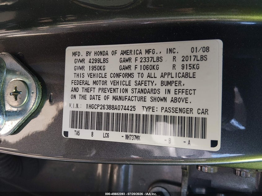 2008 Honda Accord 2.4 Lx VIN: 1HGCP26388A074425 Lot: 45682393