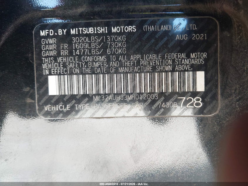 2021 Mitsubishi Mirage Es VIN: ML32AUHJ3MH012003 Lot: 45682410