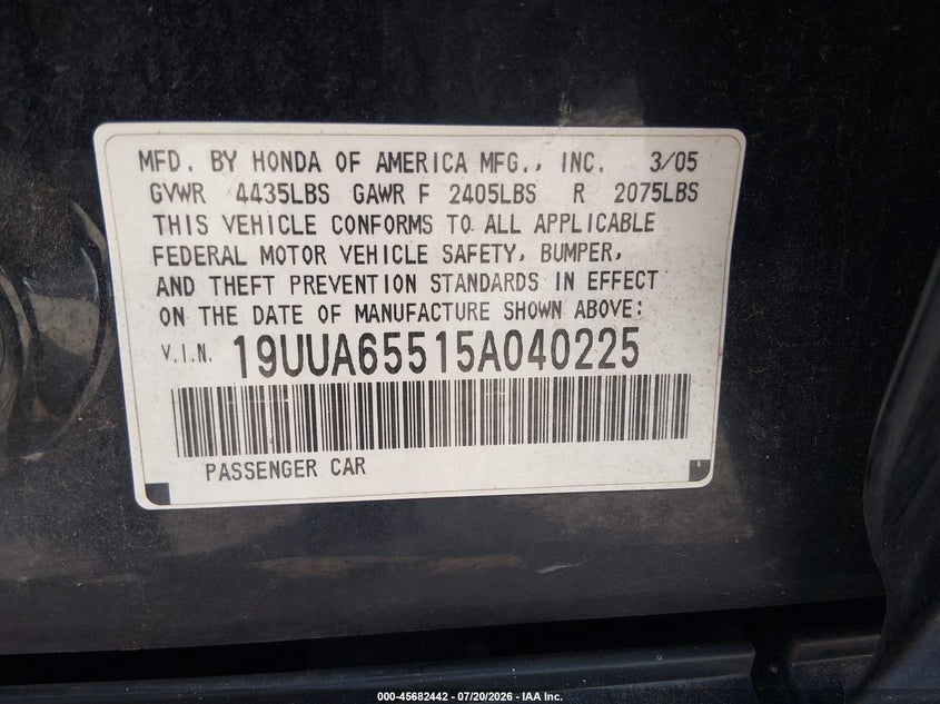 2005 Acura Tl VIN: 19UUA65515A040225 Lot: 45682442