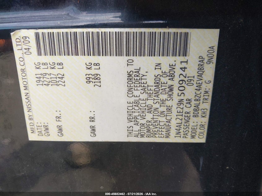 2009 Nissan Altima 2.5 S VIN: 1N4AL21E29N509241 Lot: 45682462